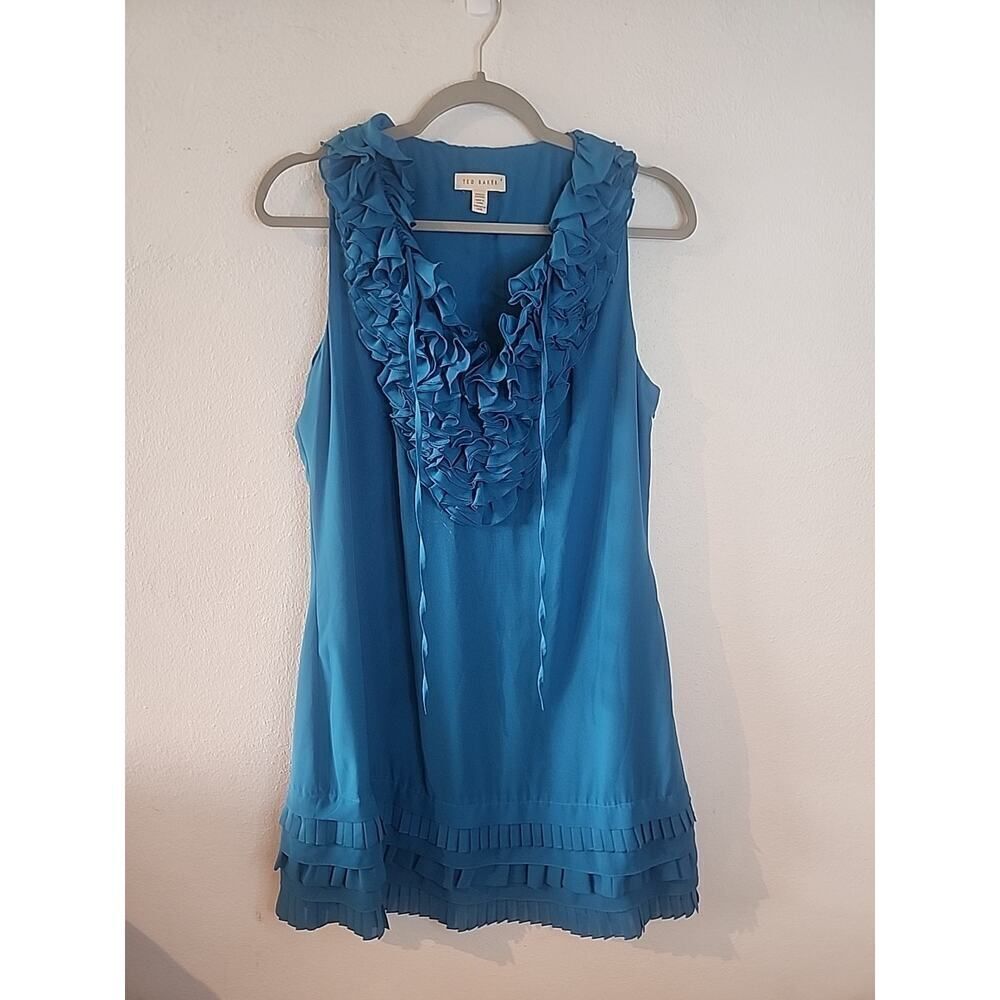 Ted Baker London Mini Poly Sheath Formal Cocktail Dress Blue Teal Ruffle Size 4